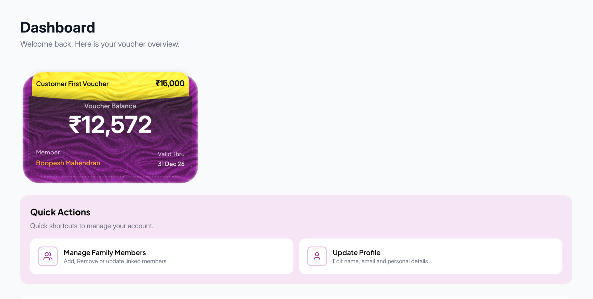 Naturals Membership Dashboard showing voucher balance and quick actions