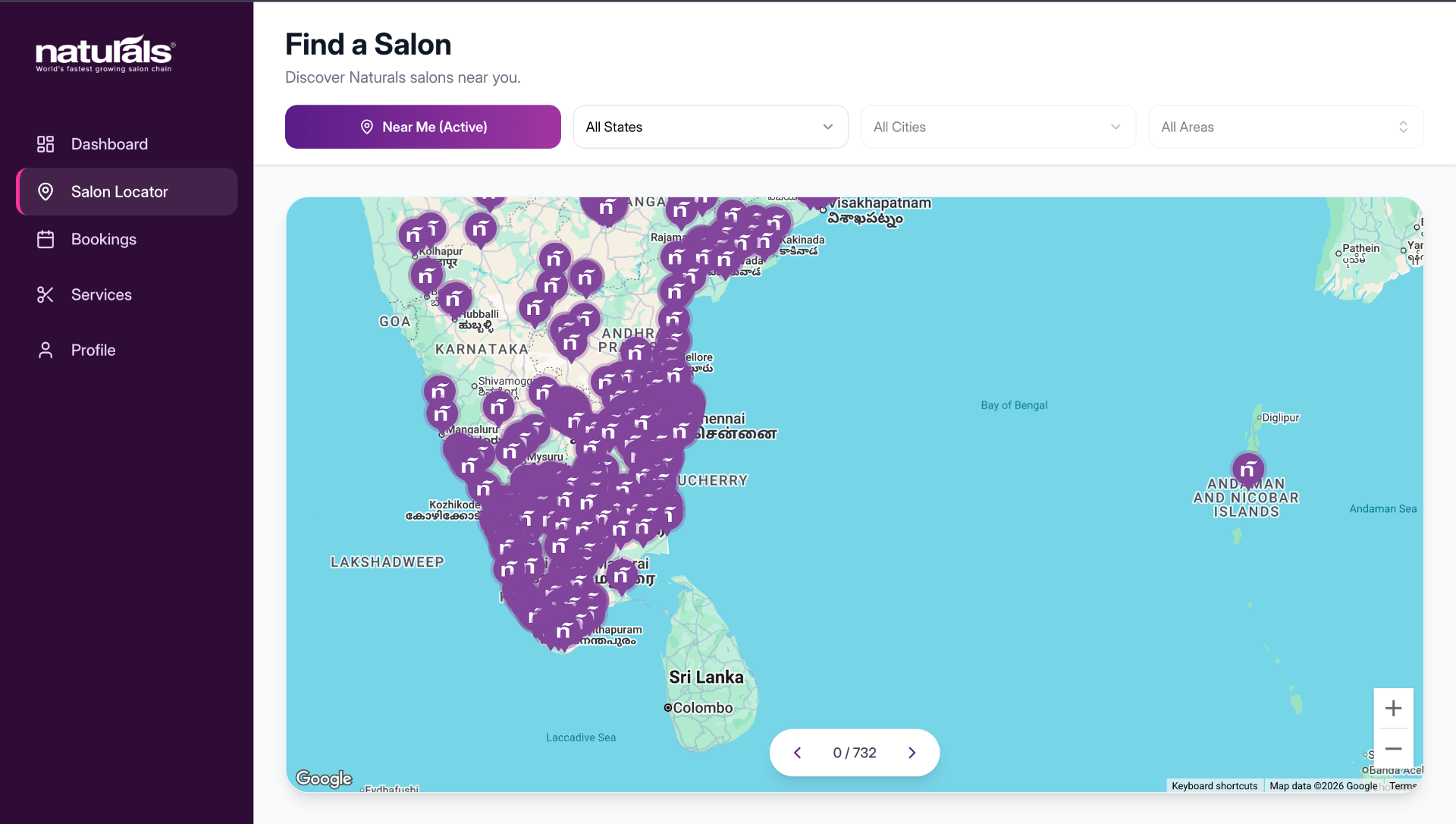 Naturals Store Locator showing 732+ salons across India